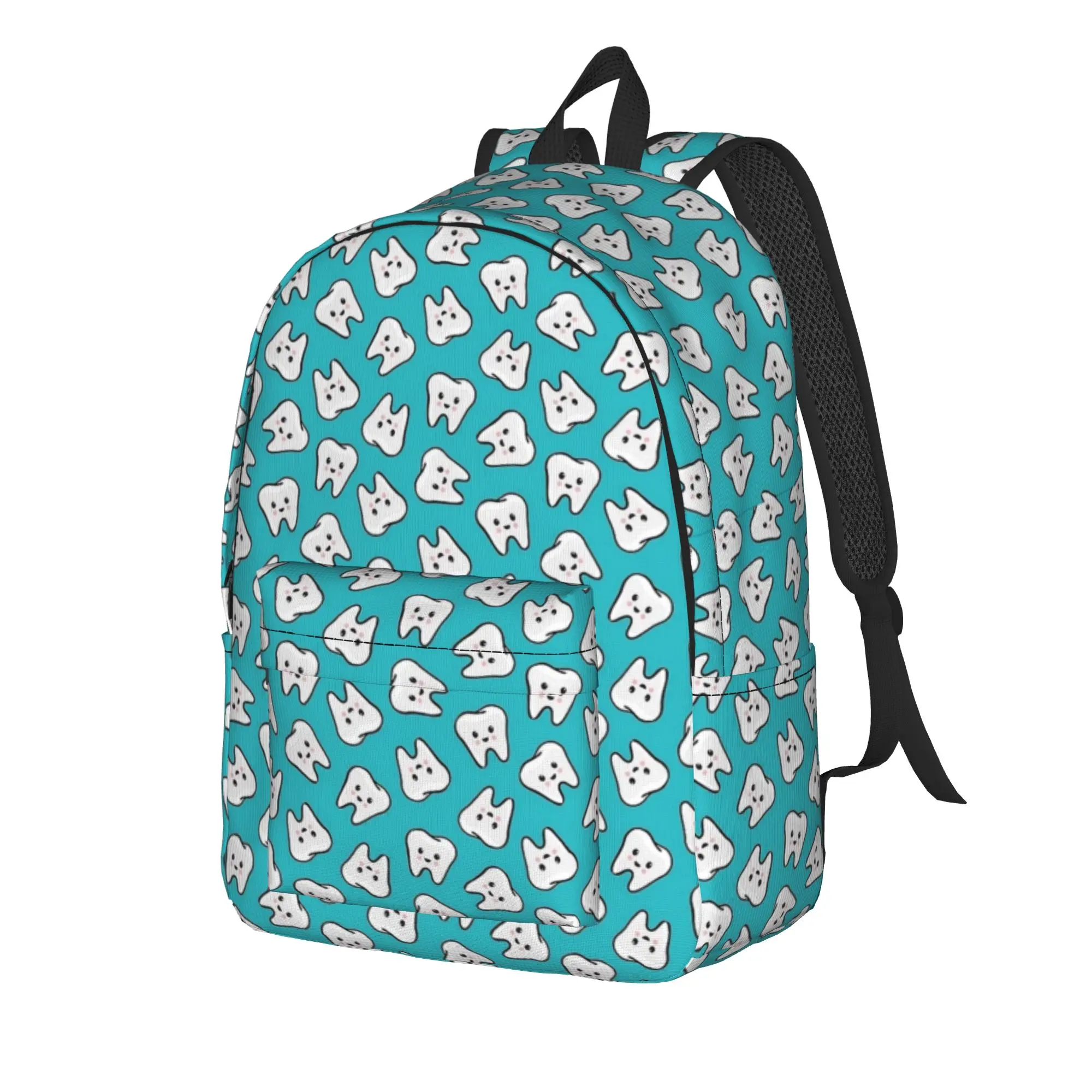 happy teeth on teal Backpack  Men Polyester Travel Backpacks Big Kawaii School Bags Rucksack