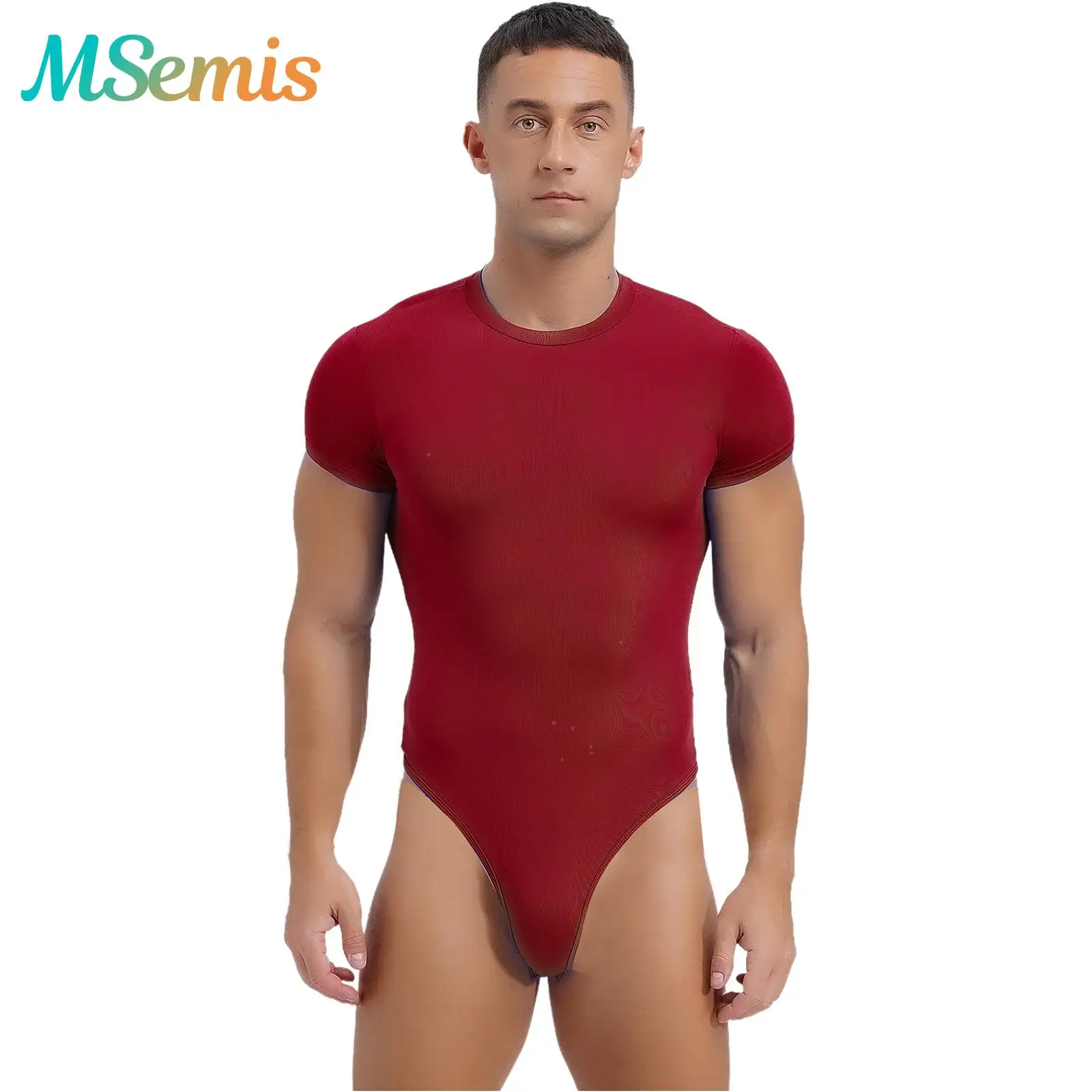 

Mens Lingerie Wrestling Singlet Costume Overall Shapers Solid Color T-shirt Bodysuit Tops Short Sleeve Buttoned Crotch Pajamas