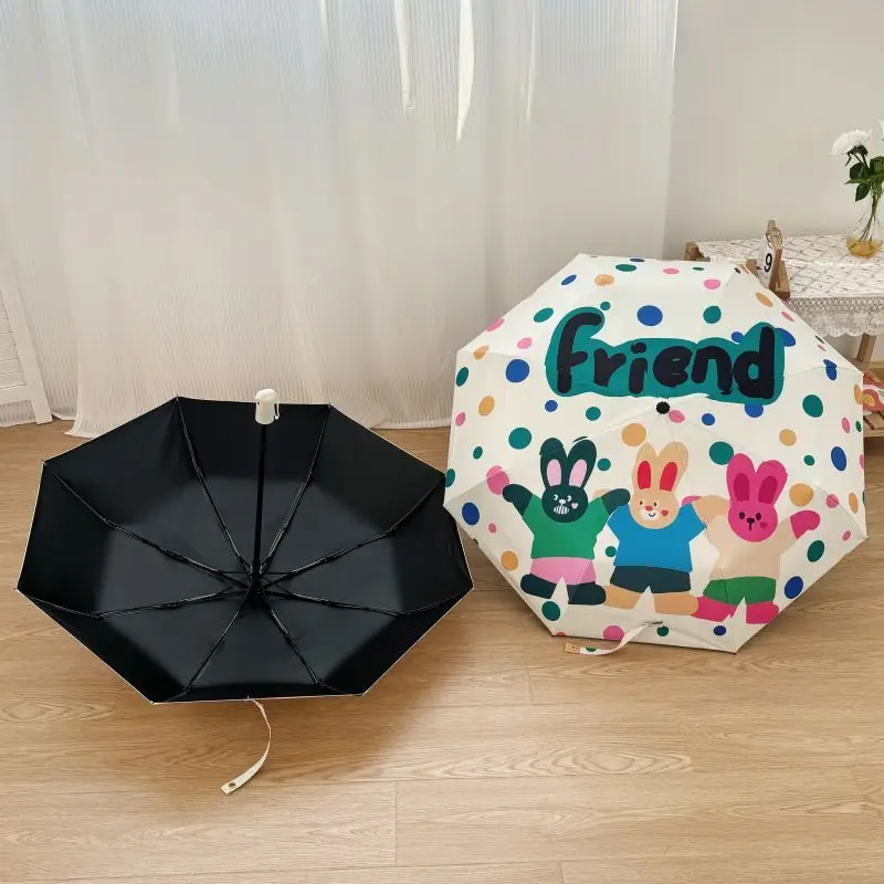 Cute Rabbit Black Coating Umbrella, Fully Automatic, Folding, Sunny and Rainy, Female Usesunscreen, UV Protection