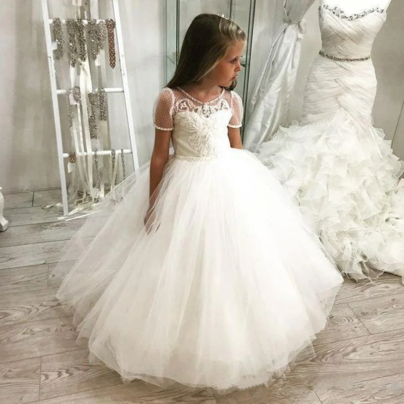 Lovely Flower Girl Dress Short Sleeves Tulle Princess Dress Girl Dress First Communion Gown Girl Wedding Party Customize Gown