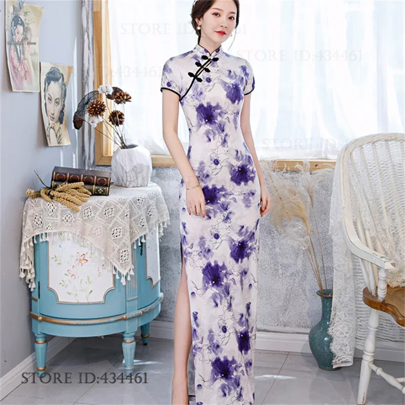 

Элегантное женское традиционное китайское платье Ципао с цветочным принтом, сексуальное, винтажное, длинное вечернее платье для вечеринок, большие размеры 3XL-6XL