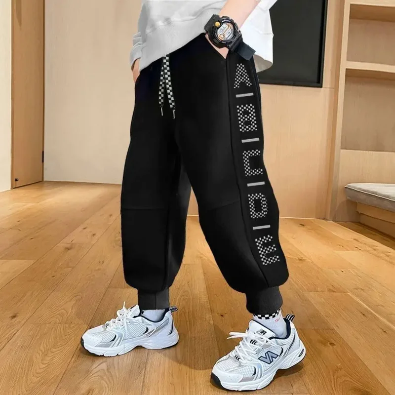 Autumn Spring Boys Causal Sweatpants Loose Cuffed Side Letter Printing Drawstring Elastic Waist Sport School 5-12 Years Old