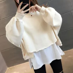 New Spring and Autumn Fashion Korean Edition Fake Two Piece Round Neck Thin Loose Versatile Western Style Slim Women's Sweater