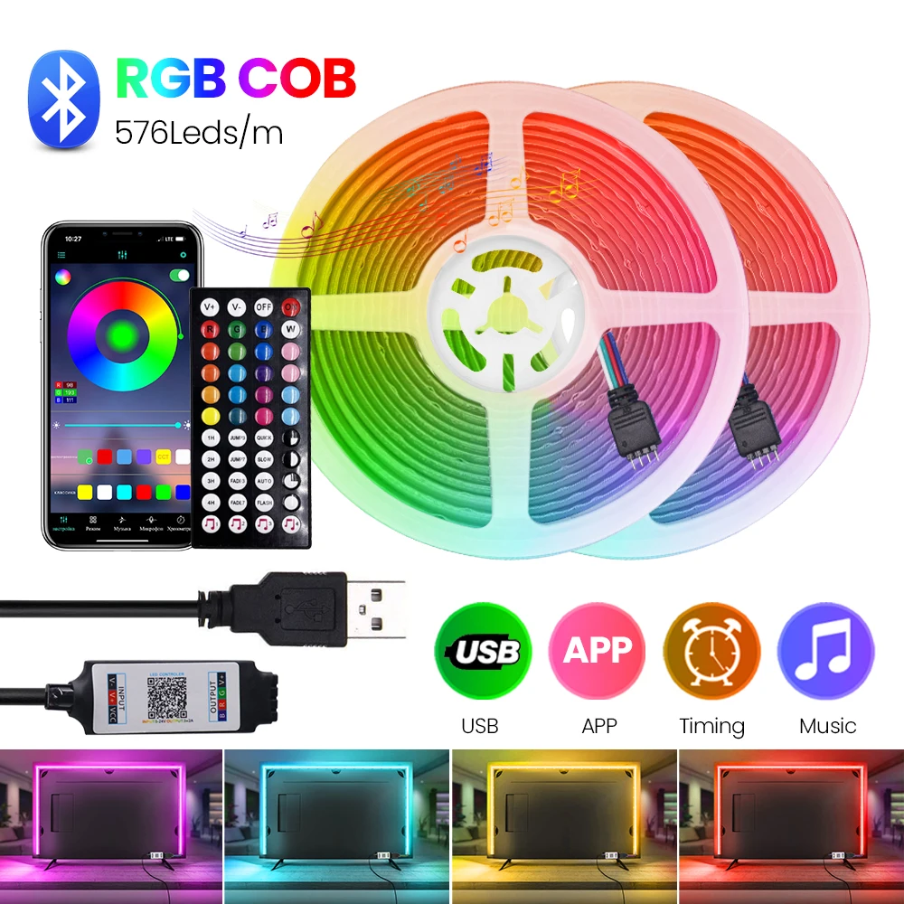 

COB RGB LED Strip 5V USB LED Light Bluetooth APP Control 576LEDs/m Flexible Linear Tape TV Backlight Christmas Party Home Decor