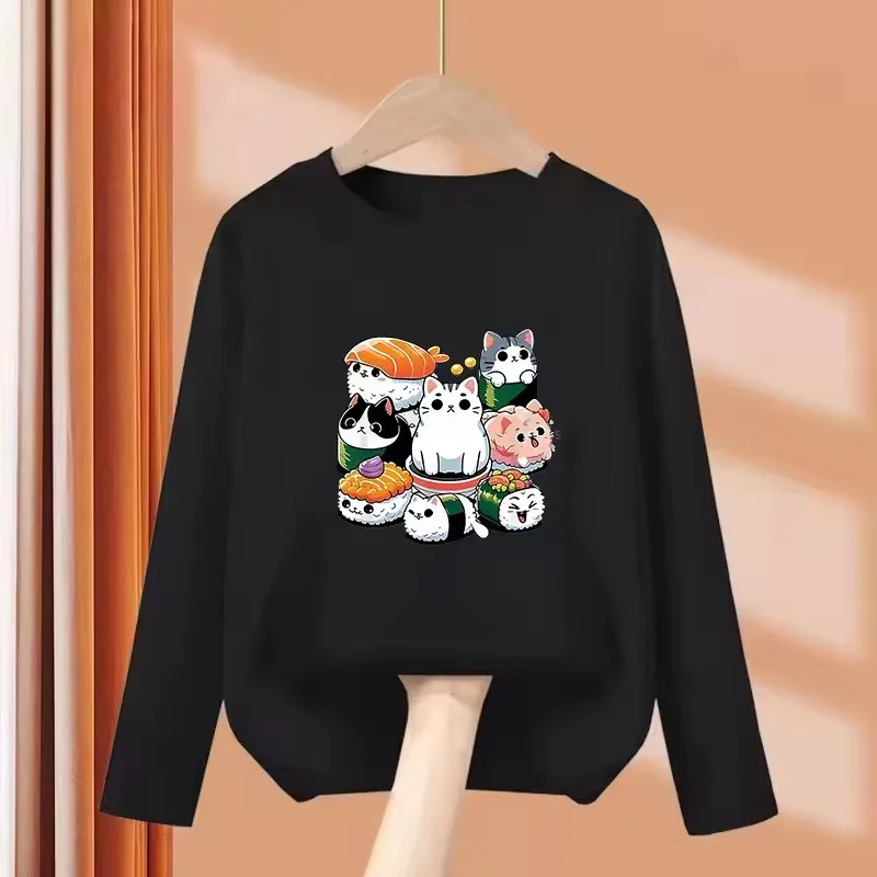 Langärmliges Lustiges Sushi-Katzen-Design Bedrucktes T-Shirt für Kinder Jungen Mädchen Sommer Frühling Niedliches Oberteil Tee-Shirt – Detail 2