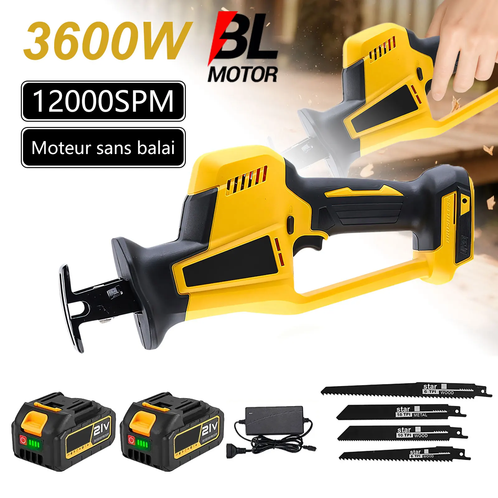 Scie à sabre électrique sans balais 3600W 12000 tr/min pour la découpe du bois, des métaux et des tuyaux, compatible avec la batterie Makita 21V
