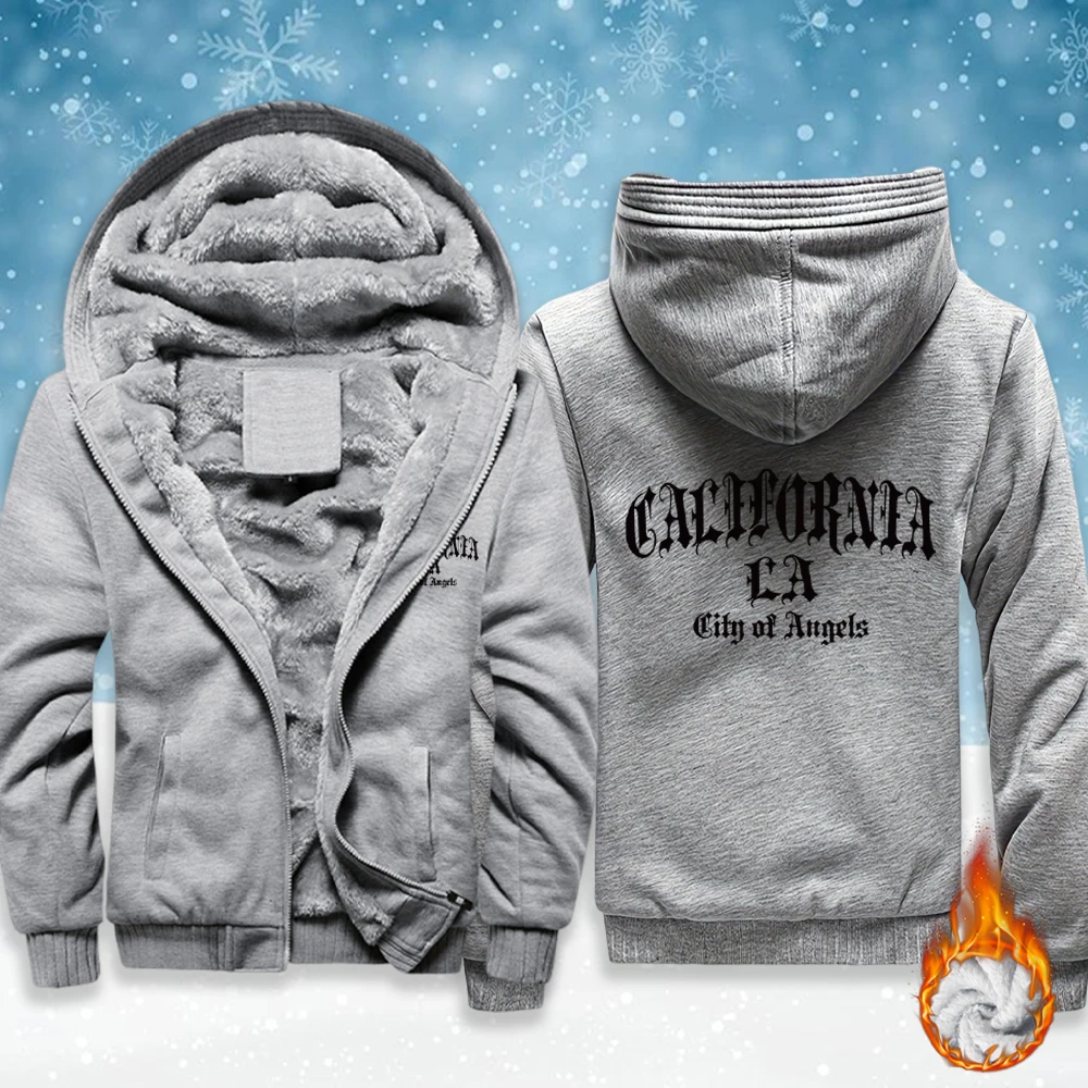 

California City Of Angeles Print Men'S Basic Winter Jacket Warm Thicken Hoody Fleece Fashion Sportswear Comfy Street Clothes