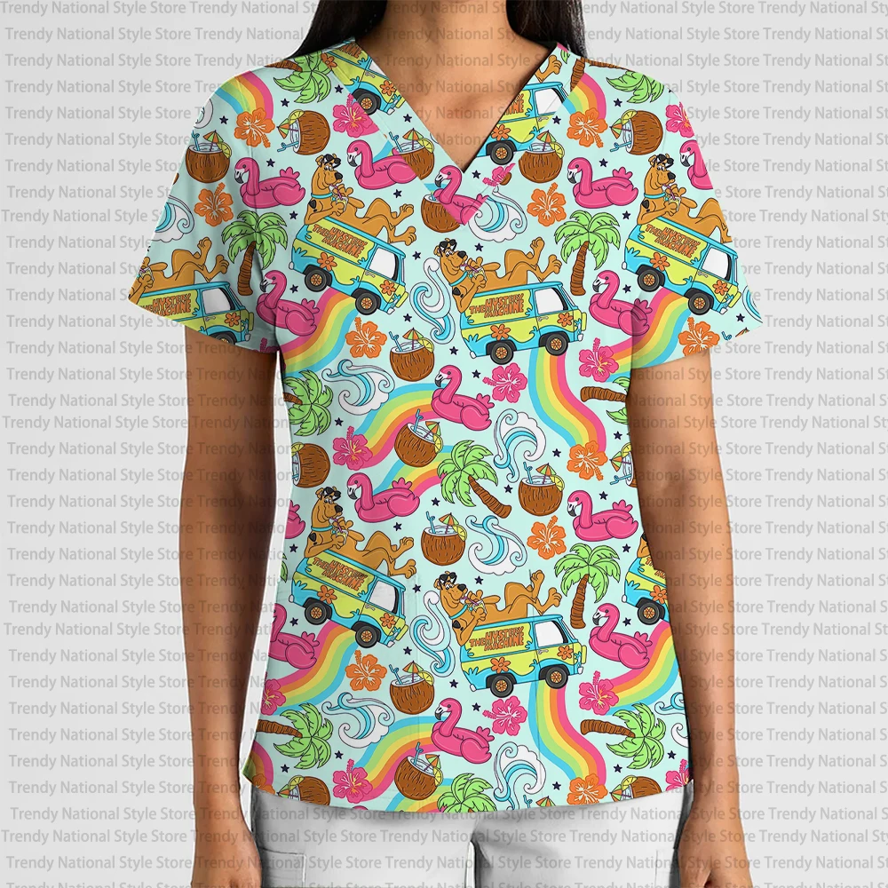 Camisetas para mujer, uniforme de trabajo de la serie Disney, camisetas exfoliantes con bolsillo y cuello en V estampadas, uniformes para enfermería y médico, camisetas dentales