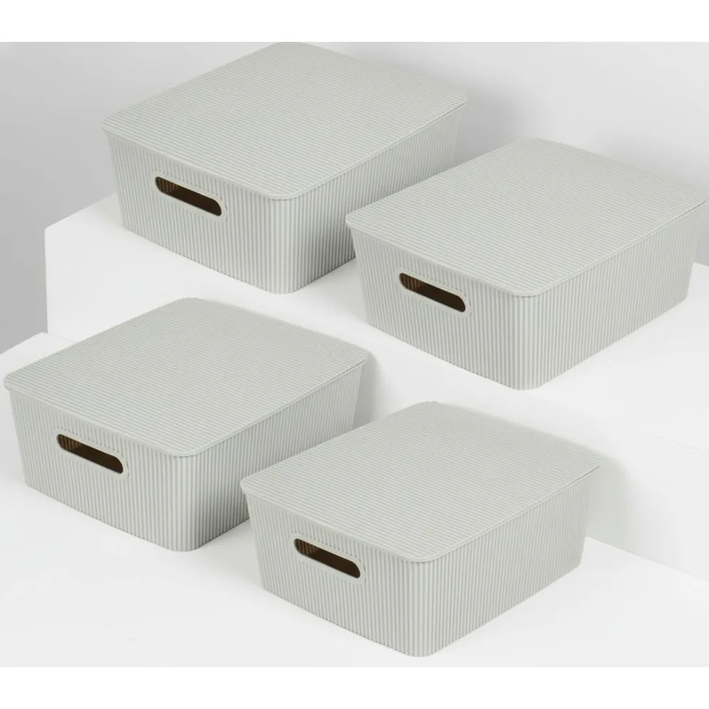 

Штабелируемые корзины для хранения из 4 предметов с крышками — пластиковые контейнеры-органайзеры для ванной комнаты, шкафа и кухни, емкость 3,1 галлона