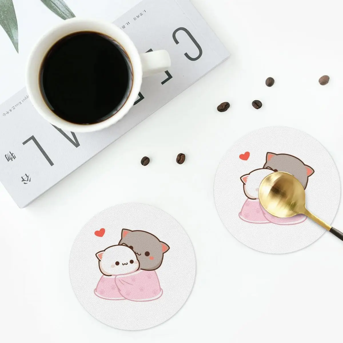 Goma Cuddling Mochi Peach Cat Coasters PVC Leather Placemats Non-slip Coffee Mats for Decor Kitchen Dining Pads Set of 4