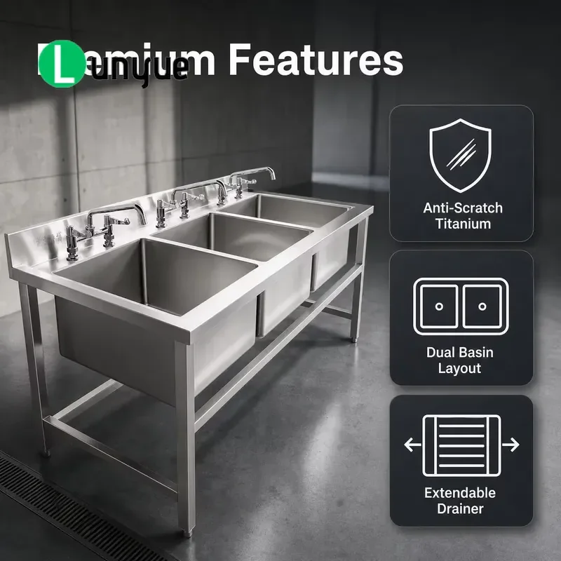 Commercial 304 Stainless Steel Three Tank Sink 1800mm 1.2mm Thick Independent Outriggers for Kitchen Restaurant Wholesale