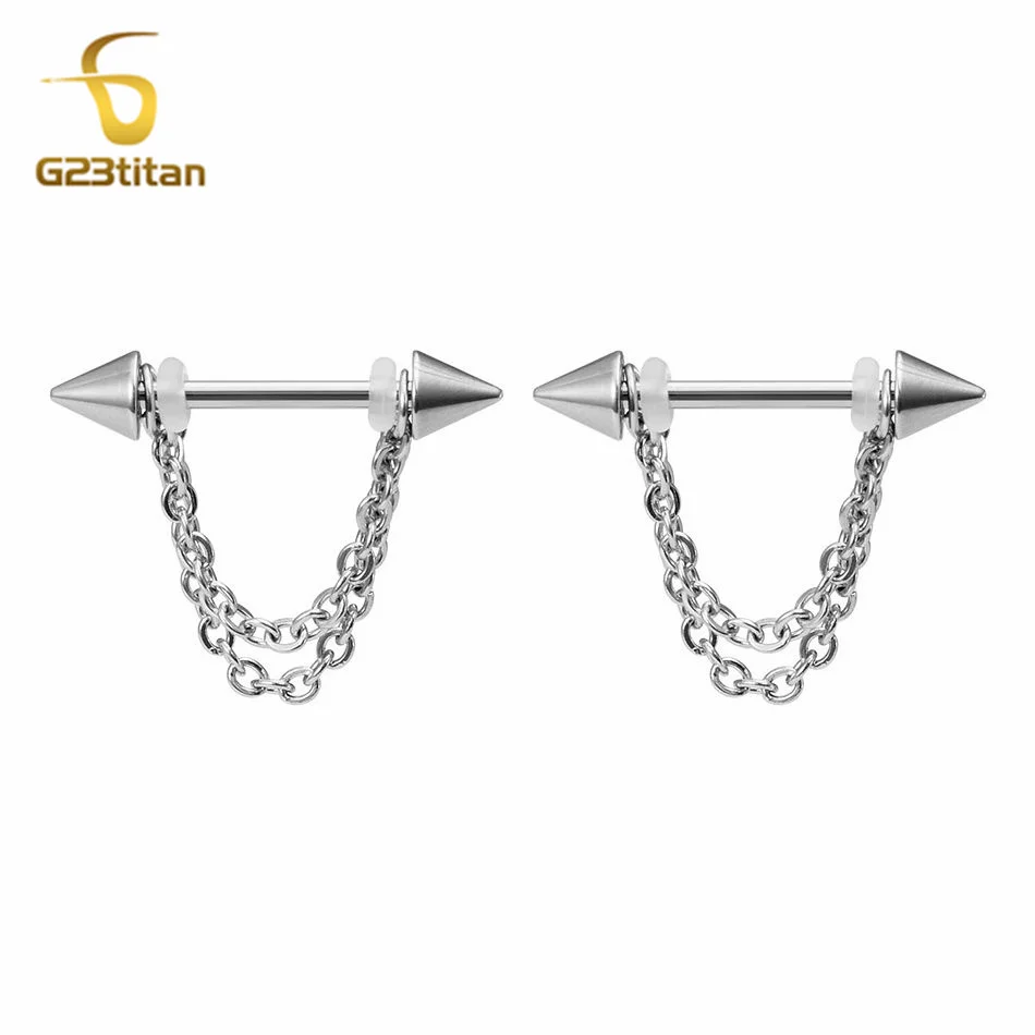 Bouclier de mamelon chirurgical en titane ou acier, 2 pièces, Piercing, bijoux de corps pour femmes et hommes, chaîne conique d'haltère 14G 16G, anneaux de mamelon pendants