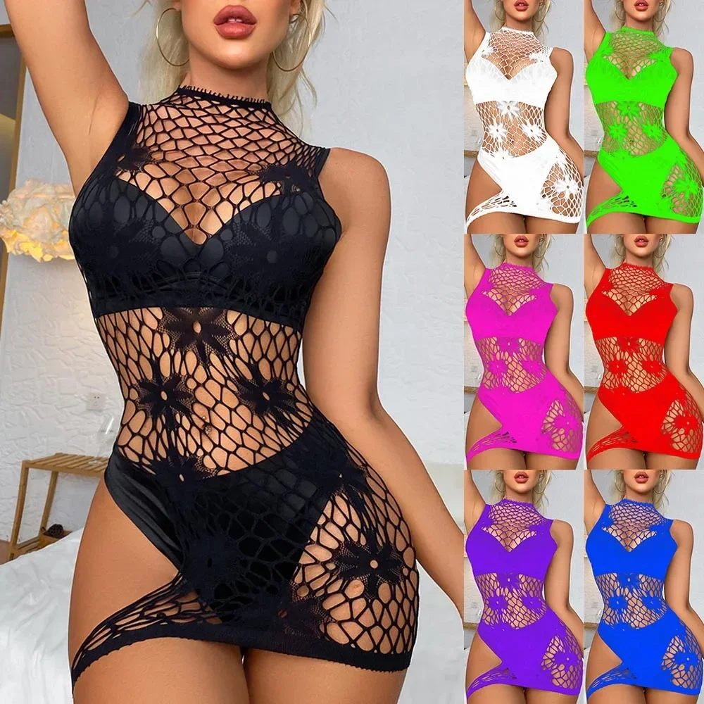 Sexy Women Fishnet Bodycon NightDress Stretch Hollow Out Short Dresses Elasticity Breathable Hip Wrap Party Hot Girl Clubwear