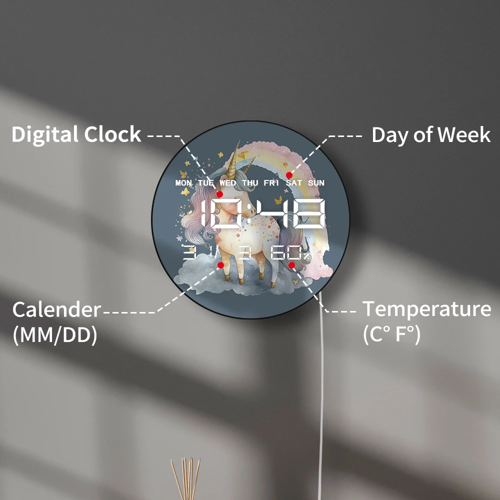 قوس قزح يونيكورن ساعة حائط إلكترونية حديثة عرض عددي كبير للفتيات غرفة الحضانة الخيال ديكور المنزل ساعة حائط رقمية