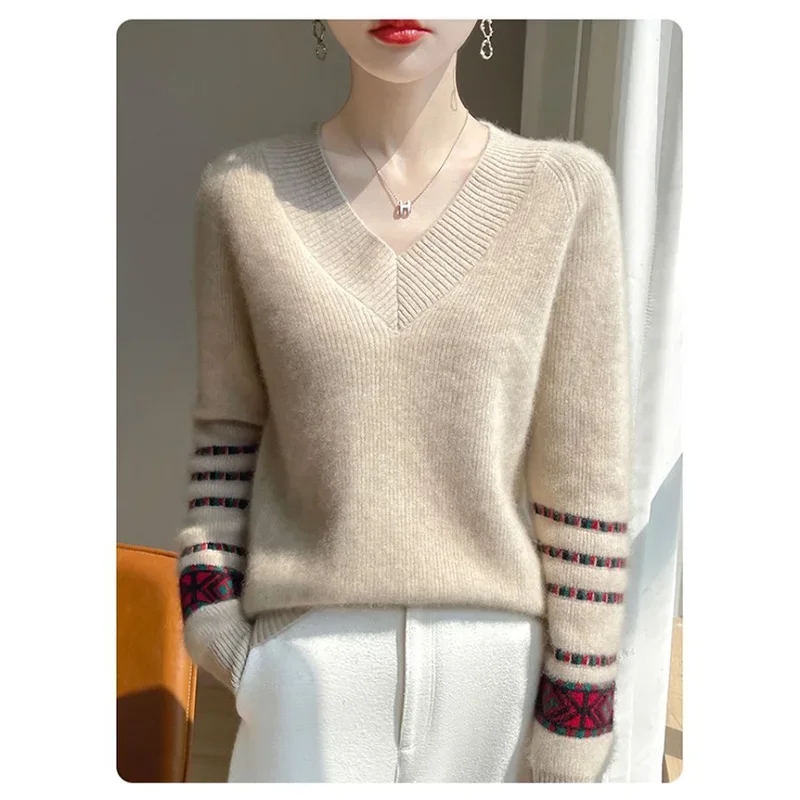 Women Autumn Winter Fashion Elegant Office Lady Screw Thread Solid Color V-neck Knitting Women Clothes Loose Pullover Long Sleev