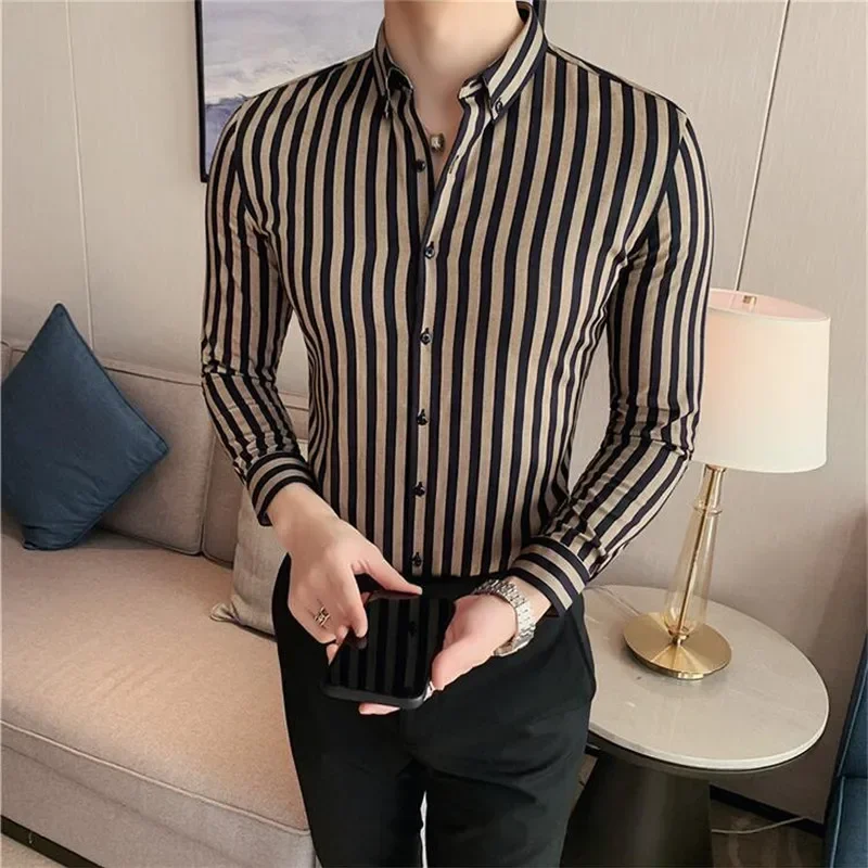 Plus Size 4XL-M New Business Formal Shirts Men Dress Vertical Stripe Streetwear Slim Men Shirt Casual Long Sleeve Tuxedo Shirt