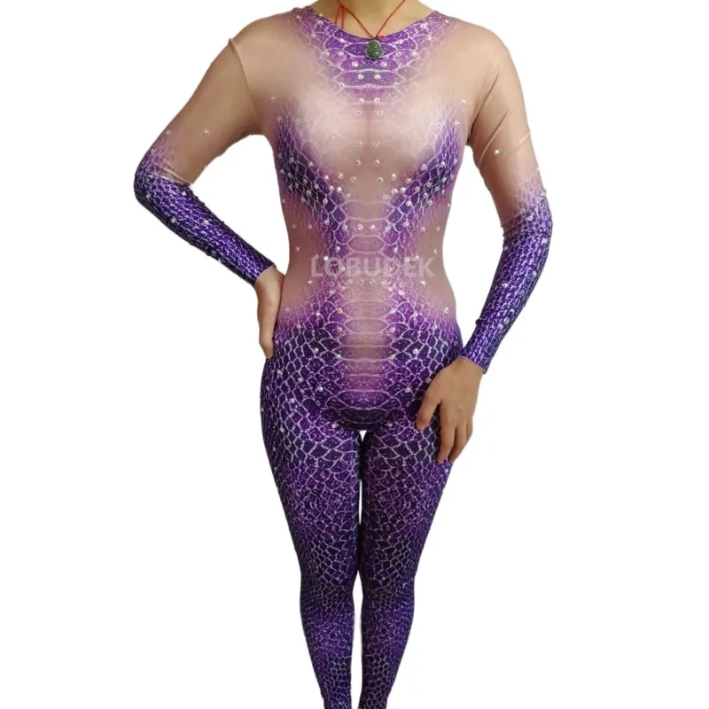 

Purple Green Print Jumpsuit Lady Snake Role-playing Cosplay Costume Halloween Nightclub Bar Sexy Leotard Performance Stage Wear