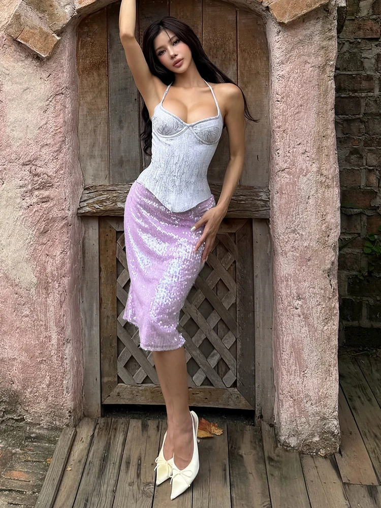 JULISSA MO Knitted Sequin Sparkling Bodycon Skirt Women Purple High Waist Midi Skirt Autumn Skinny French Elegant Party Clubwear
