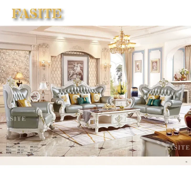 For French Luxury Carved Wooden Frame 1 2 3 Seater Sofa Set Classic Royal Genuine Leather Cushion Living Room Home Furniture