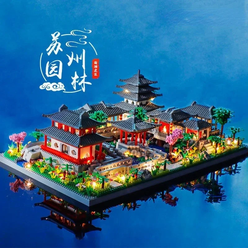 China's Classical Suzhou Garden Landscape Building Blocks with LED Ancient Model Mini Diamond Bricks Toy Gift for Adult Kid