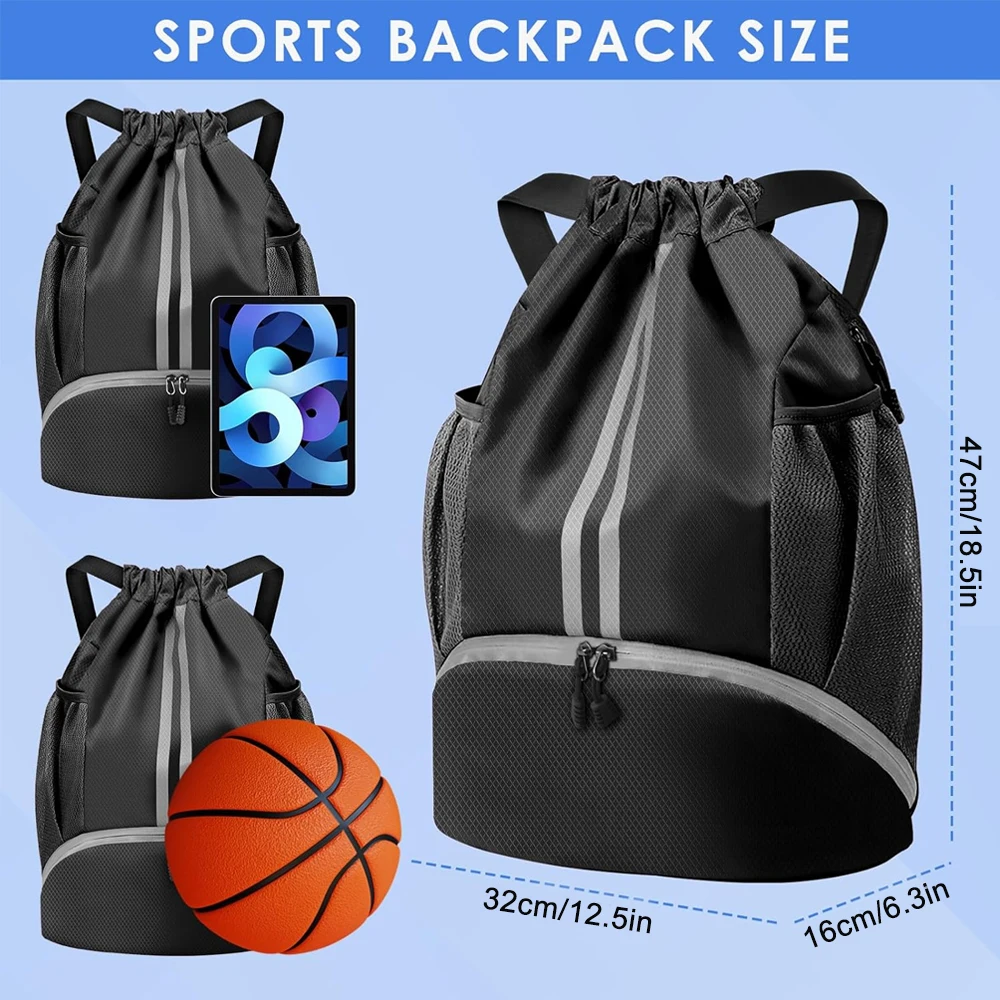 Sports Drawstring Backpack - Water Resistant String Bag with Side Mesh Pockets Shoe Compartment Gym pack for Women & Men