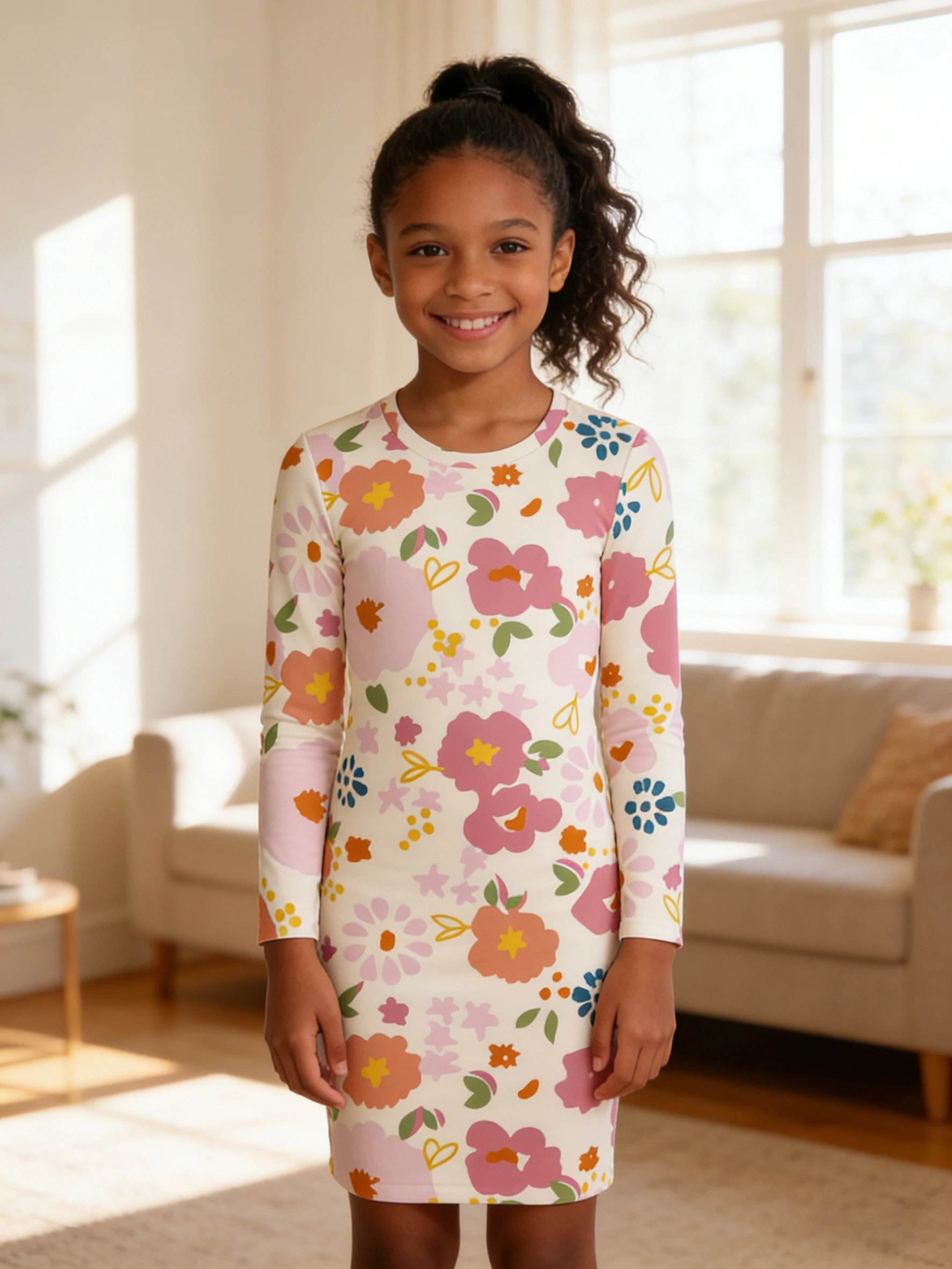 

2026 girls milky white background colorful flower print long-sleeved slim-fit dress