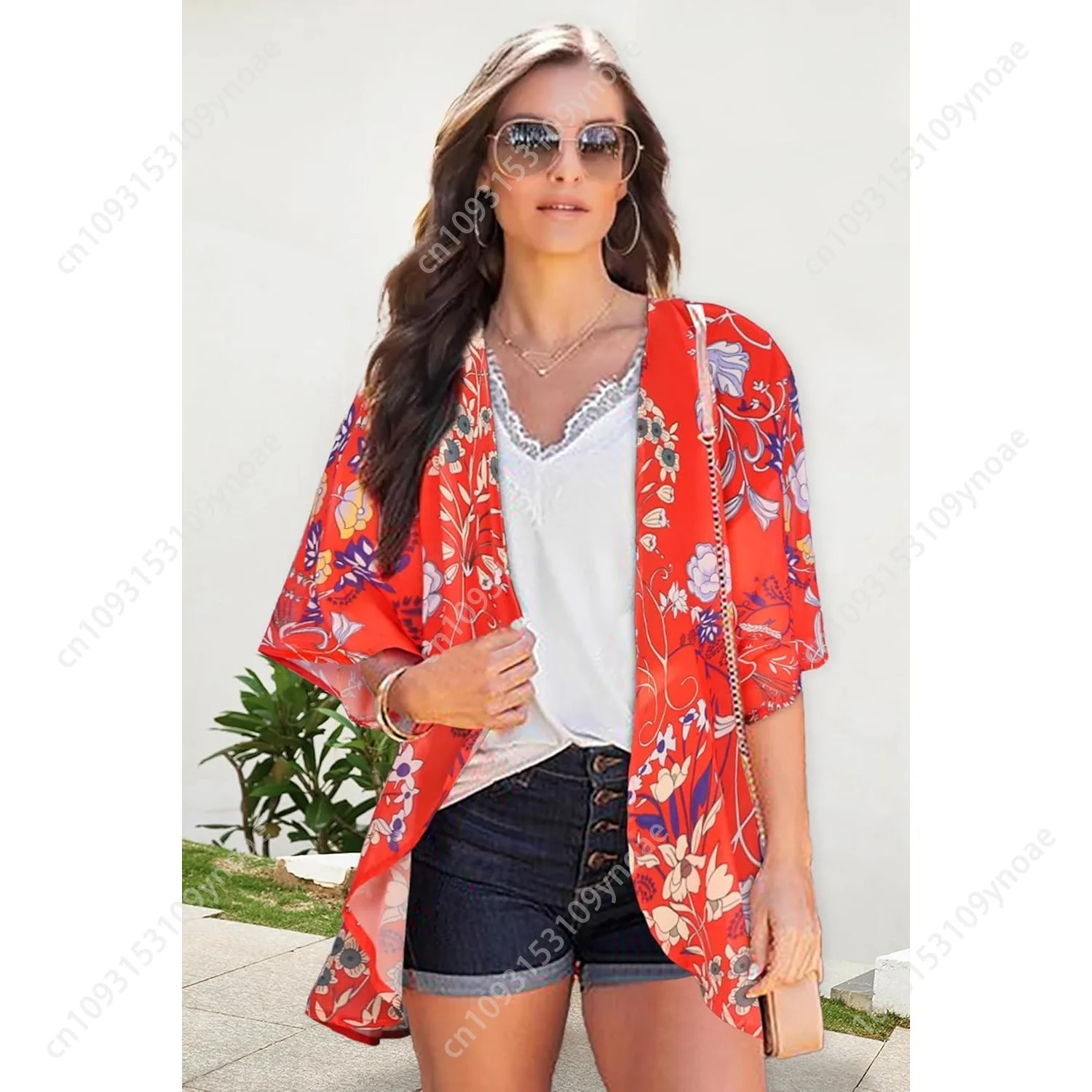 Vintage Floral Loose Cover Up Women Puff Sleeve Kimono Cardigan Silk Half Sleeves Casual T Shirt Swimsuit Cover Up Tops Fashion