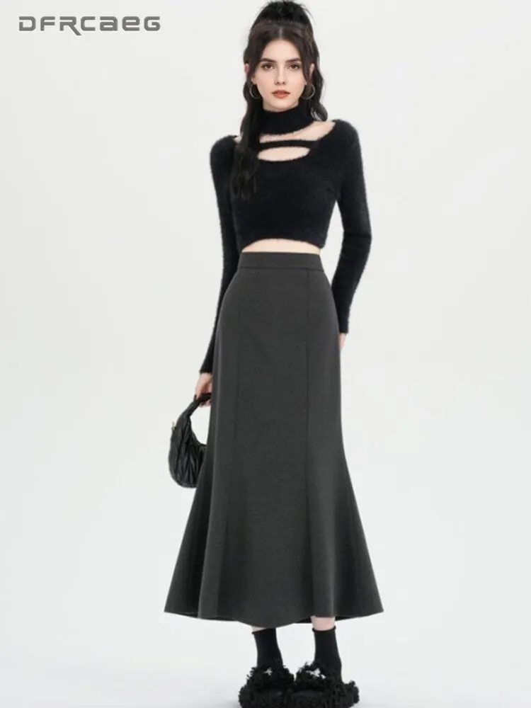 

Elegant Winter Woolen Fishtail Long Skirt For Women High Waisted Slim Thicken Office OL Trumpet Skirts Lady