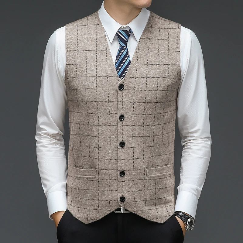 Men Fashion Plaid Sweater Waistcoat New 2022 Autumn Casual V-Neck Suit Vest Male Sleeveless Sweater Single Breasted Formal Vest