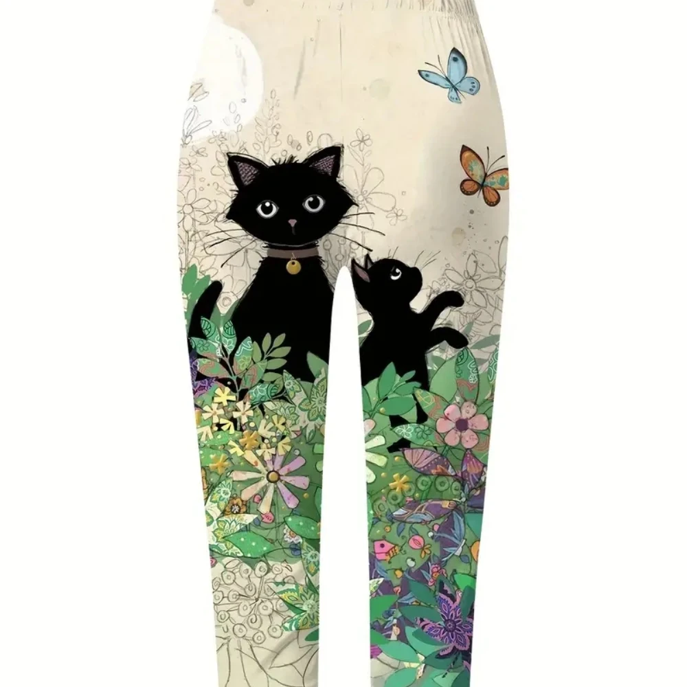 Floral cute kitten print elastic elastic waist slim leggings casual skinny capri pants for women