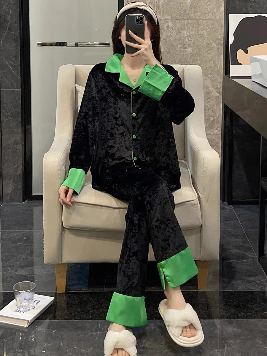 

Lapel Velour Pajamas Set Women Sleepwear Autumn Winter Velvet Nightwear Home Clothes 2Pcs Long Sleeve Shirt&pants Pijamas