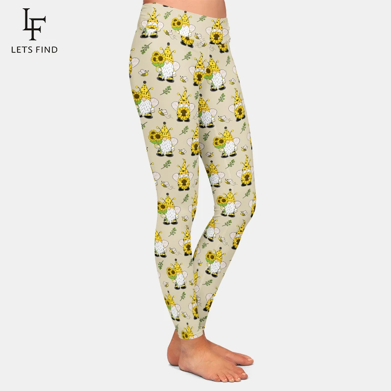 LETSFIND New Women 3D Gnomes Bees and Sunflowers Print Stretch Workout Pants High Waist Fitness Slim Elastic Full Leggings