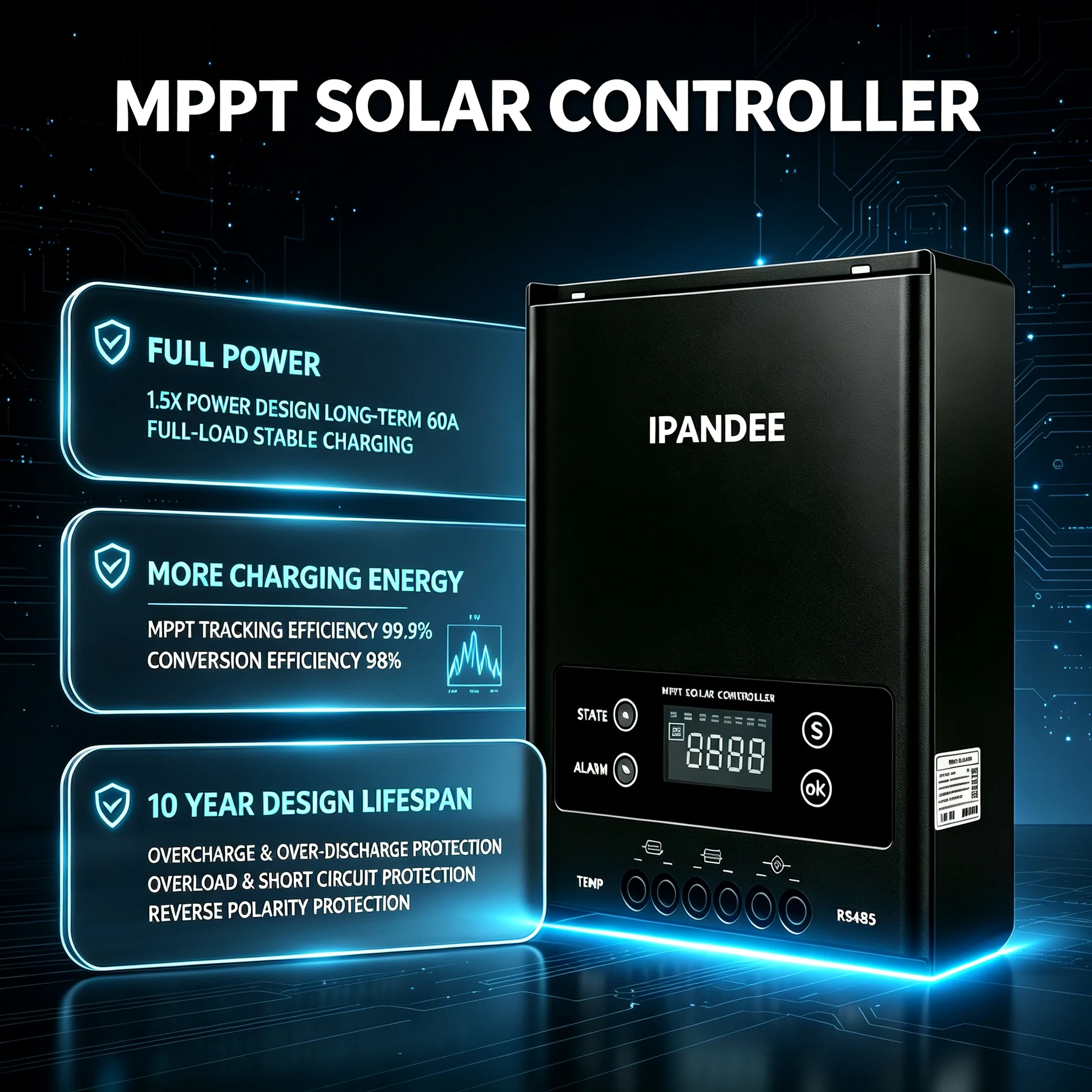 IPANDEE MPPT 60 Amp Solar Charge Controller, Max 200V Solar Input, 12-48V Auto Switch, 98% Conversion Efficiency, Lithium Battery Wake-up, RS485 & APP Remote Monitoring, Compatible Lead Acid AGM Gel LiFePO4, for Cabin Boat RV Solar System