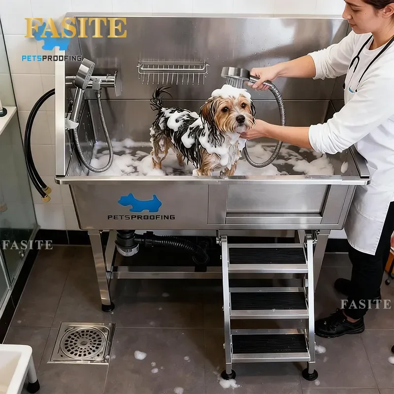 For Large Medium Dogs 50 Inch Stainless Steel Single Door Pet Bath Tub Staircase Design Easy Access Grooming Shower Station