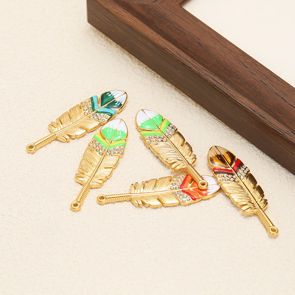 3 Stück Emaille-Strass-Feder-Anhänger aus Edelstahl für die Herstellung von Ohrringen, DIY-Schmuckzubehör, Halsketten-Accessoires, Großpackung – Detail 5