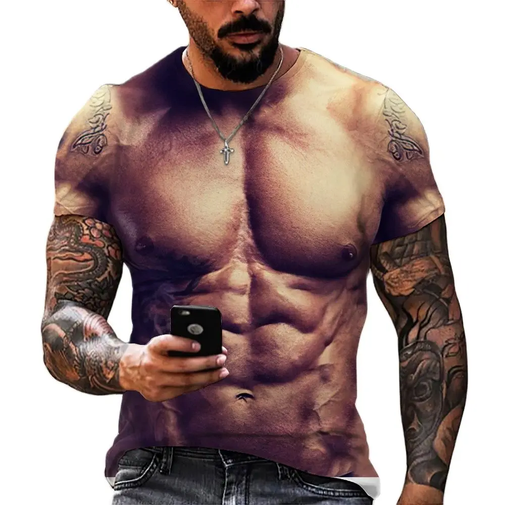 Camiseta de manga corta 3D para hombre, camisetas ajustadas a la moda, camisetas divertidas para músculos abdominales, camisetas holgadas de gran