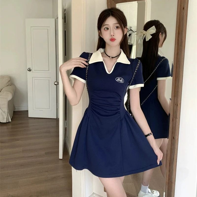 Summer Women Sweet Comfortable Ruched Dress Lady Korean Vintage A-line Dress Female Cutecore Korean Collared Designer Dress