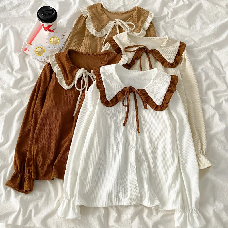 Preppy style women cute Lolita blouse autumn sweet peter pan collar Loose shirt female elegant white apricot Long sleeve blusas