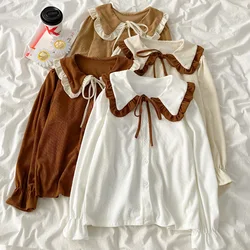 Preppy style women cute Lolita blouse autumn sweet peter pan collar Loose shirt female elegant white apricot Long sleeve blusas