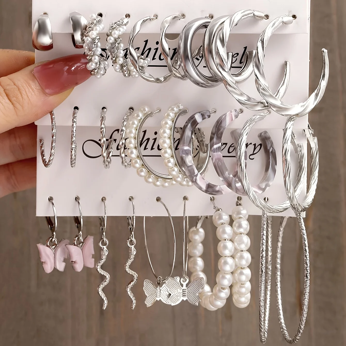 15Pairs Suit Of EarringsNew Style Creative Simple Temperament Lady Fake-pearl Butterfly Snake Fake-pearl Earring Silver-color