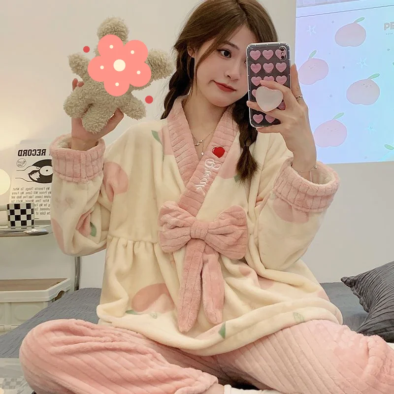 

Фланелевые женские пижамы на осень-зиму, корейская версия, милая удобная одежда для сна, фланелевая женская утепленная домашняя одежда с героями мультфильмов