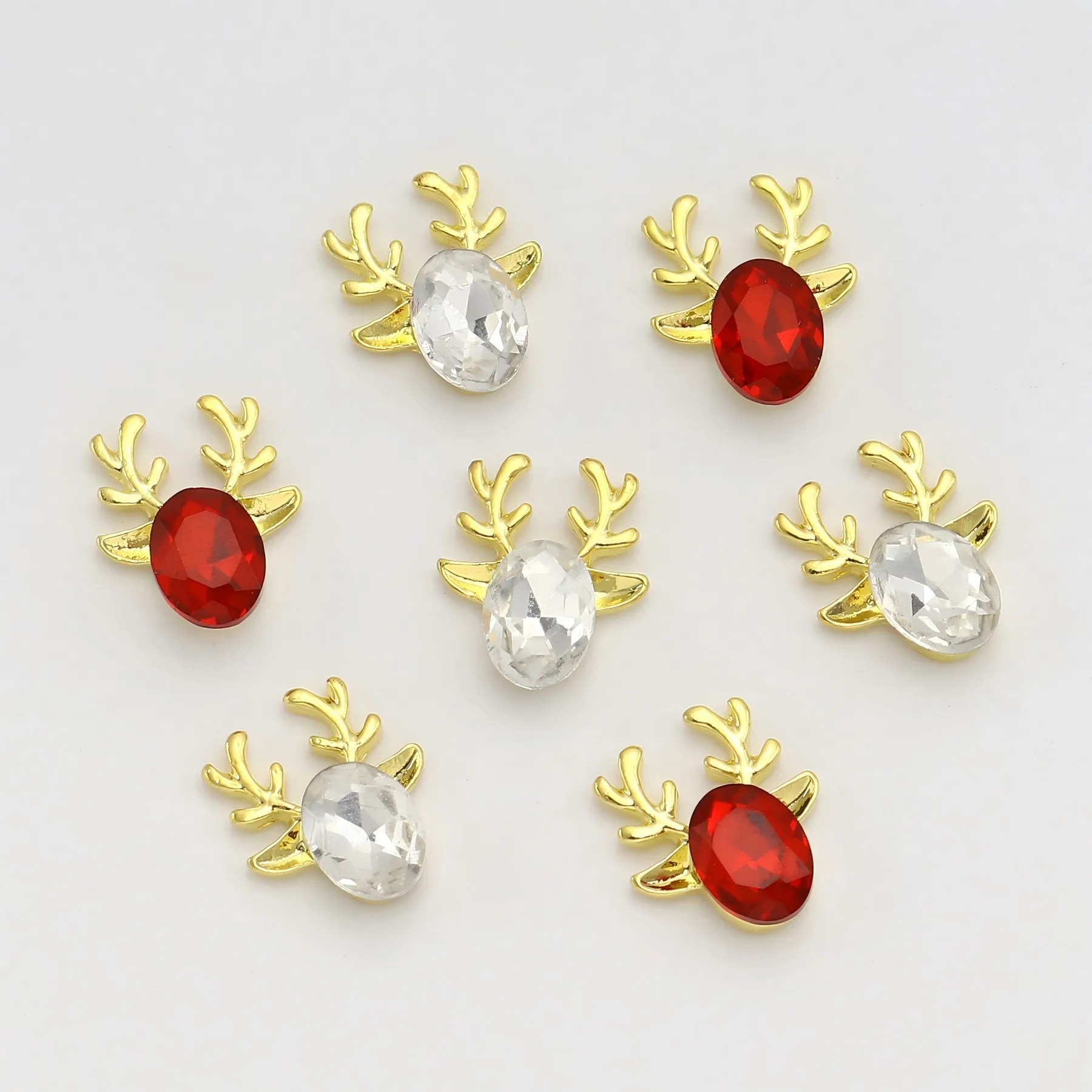10 pcs 3D Metal Deer Head Series Nail Art Accessories, shiny Rhinestone Crystal Gemstone Oil Drip, Christmas Design Nail charms