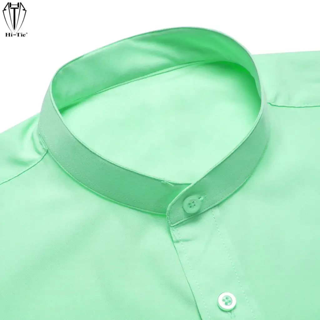 

Hi-Tie Plain Mint Green Silk Mens Shirts Long Sleeve Mandarin Collar Jacket Coat Shirt Elegant Light Summer Spring Male Blouse