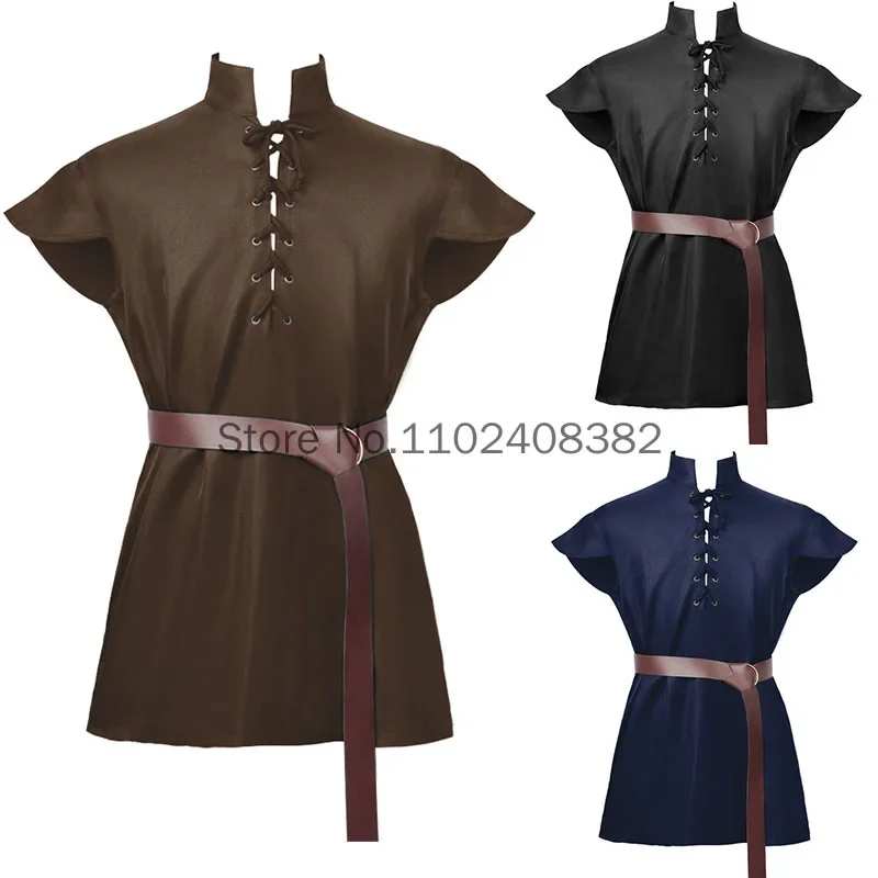 Men Pirate Viking Tops Renaissance Sleeveless Lace Up Tunic Medieval Cosplay Costume
