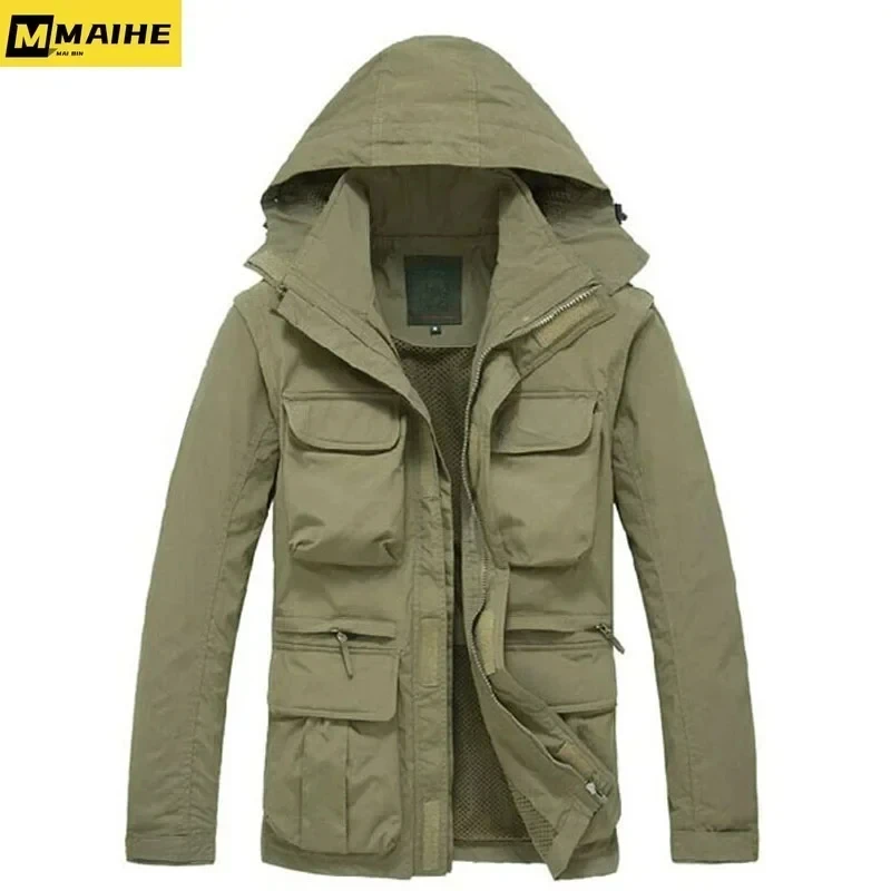 Men Tactical Jacket Autumn Quick Dry 2-in-1 XXXL Retro Style Army Coat Male 2022 Multi Pockets Hooded Windbreaker Waterproof