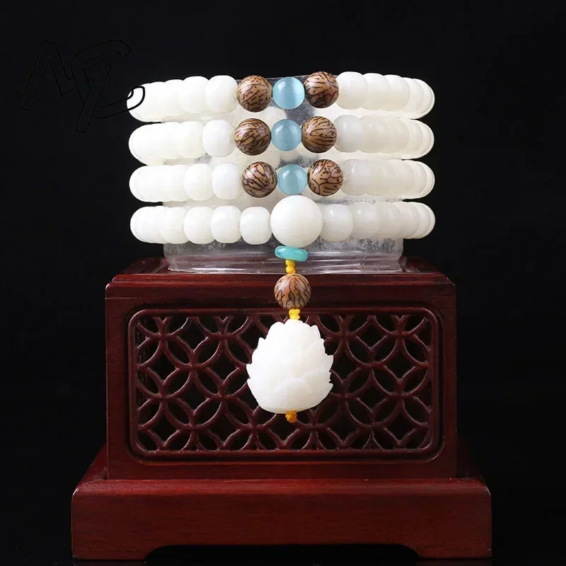 Original Design Natural White Bodhi Root Beads Bracelet 108 Lotus Mala for Women Yoga Meditation Balancing Jewelry Gift Amulet