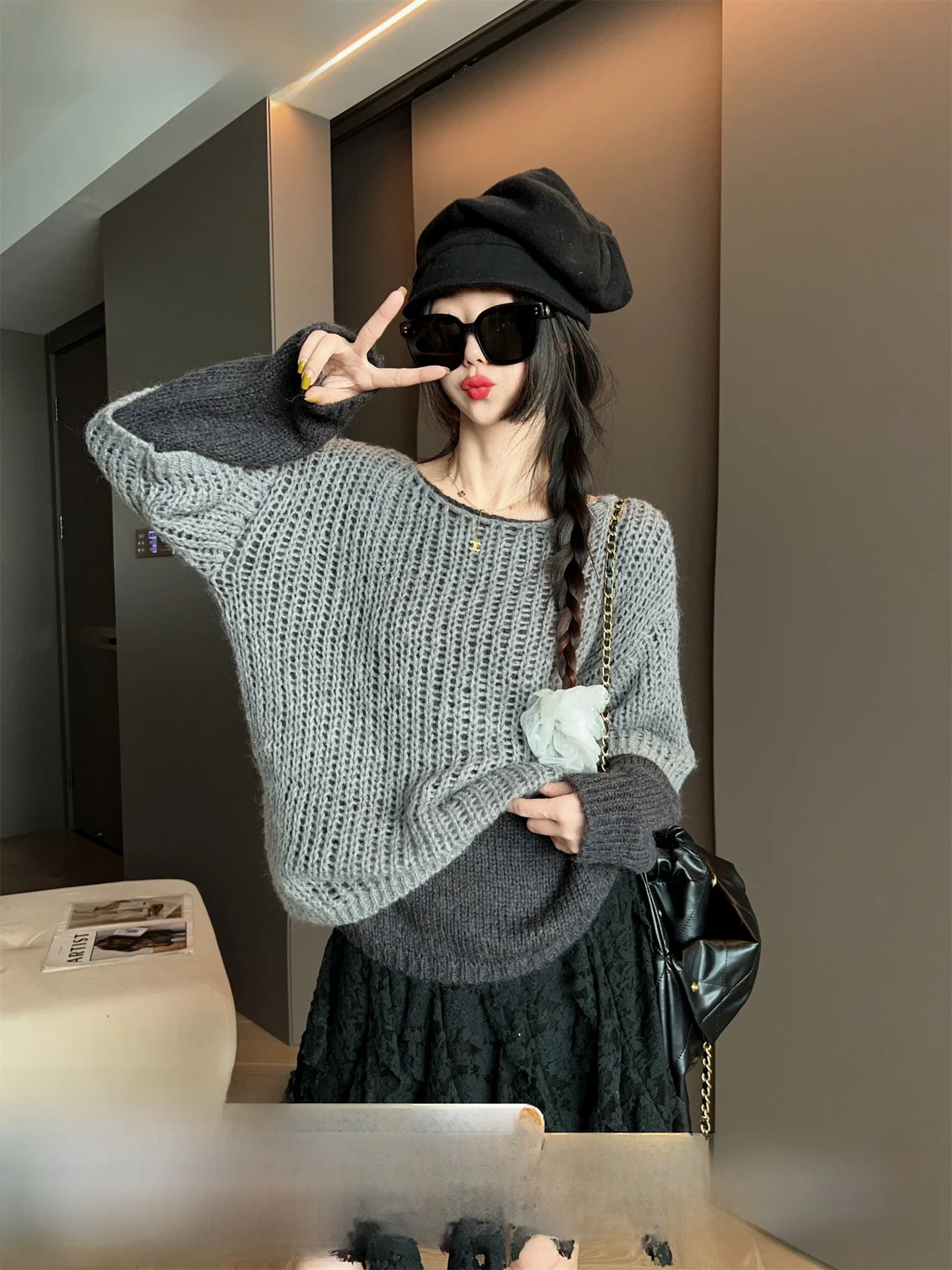 

Faionable Oversized Knitted Sweater Women's Autumn Winter New Loose Lazy Color Blo Crew Ne Long Sve Warm Thermal Top