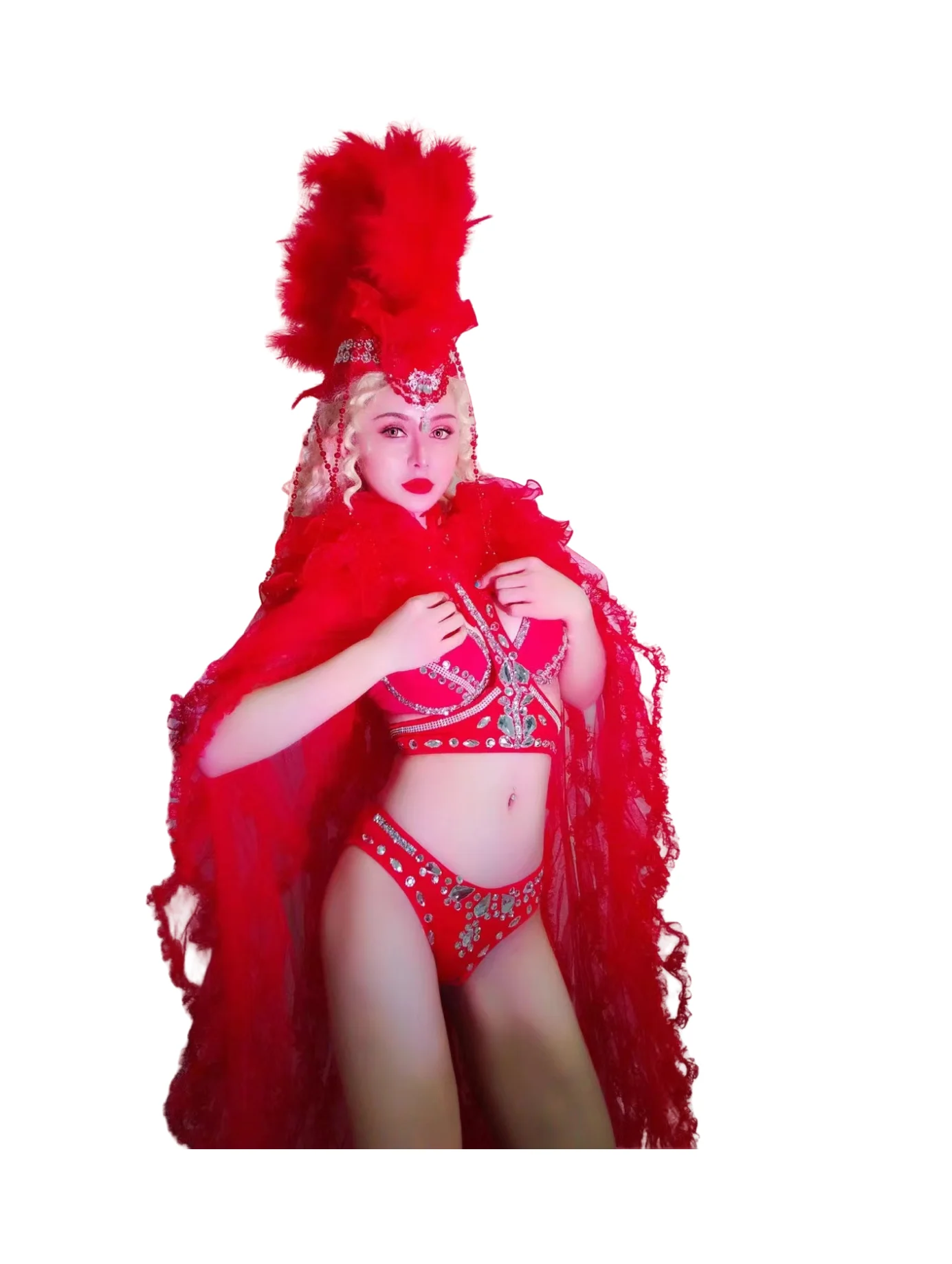 Outfield เครื่องแต่งกายเวทีเกสต์ทัวร์สีแดงเซ็กซี่บิกินี่ลูกไม้ผ้าคลุมไหล่ Feather headdress เครื่องแต่งกายเต็มรูปแบบ