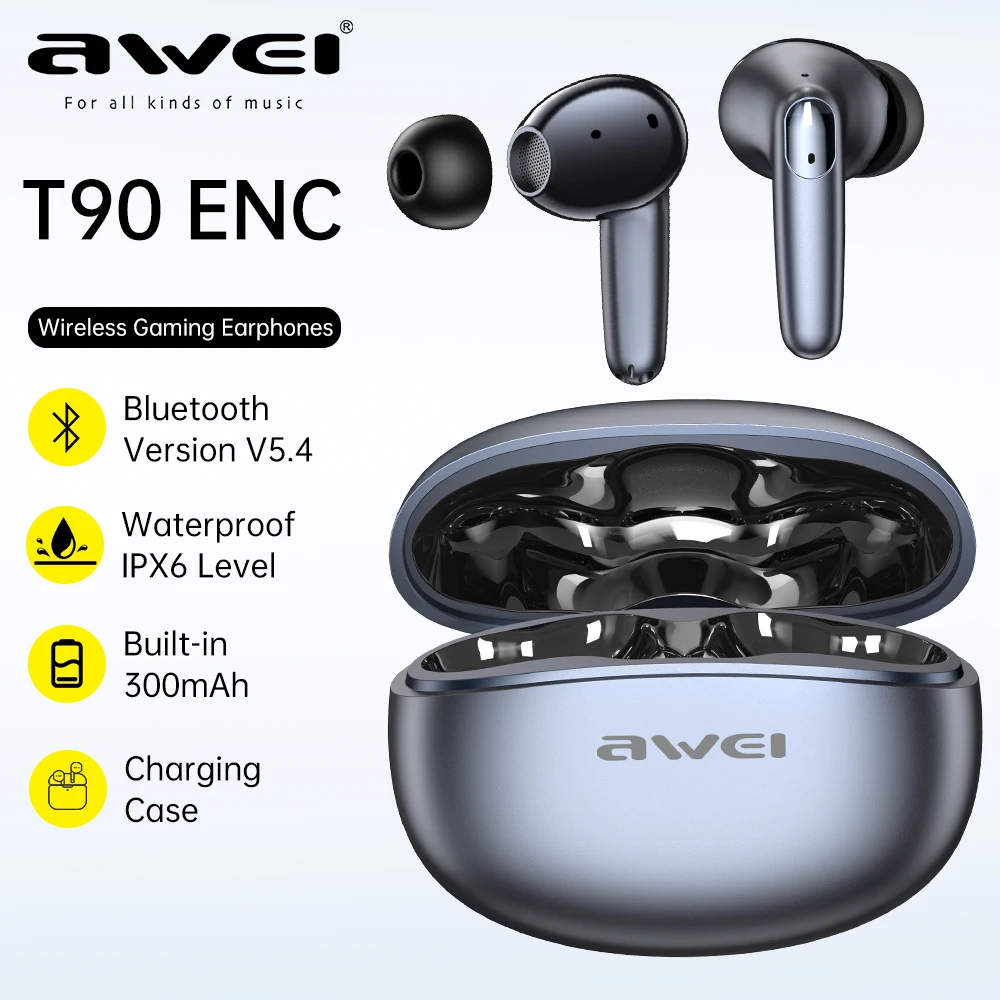 

Awei T90 2 in 1 ENC Wireless Bluetooth Earbuds With Mic Noise Reduction Headphones HD Call Bass Sound Earphones Headset Gamer