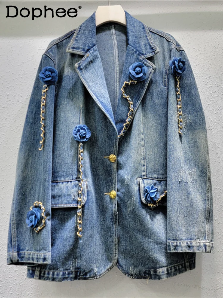 

Denim Jacket Women Retro Fashion Three-Dimensional Flower Chain Decoration Suit Washed Distressed Two Buttons Denim Coat